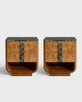 A pair of mid-century modern nightstands with curved burl wood fronts, dark green marble top and base, and bronze metal drawer pulls, shown on a light gray background.