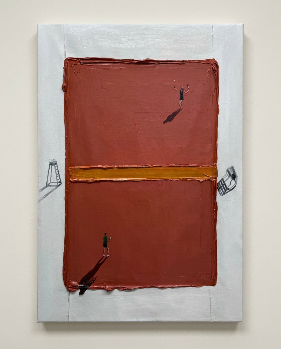 An abstract canvas painting featuring a large terracotta red rectangular form divided by a horizontal gold band, with small black figures and gray architectural sketches on a white border, shown hanging on a light beige wall.