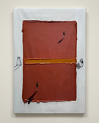 An abstract canvas painting featuring a large terracotta red rectangular form divided by a horizontal gold band, with small black figures and gray architectural sketches on a white border, shown hanging on a light beige wall.