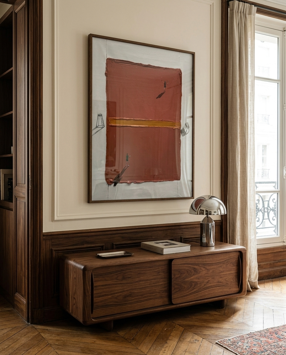A framed abstract art print with terracotta red, mustard yellow, and black brushstrokes on a white background, hanging on a cream wall above a dark wood console table in a classic Parisian-style room.
