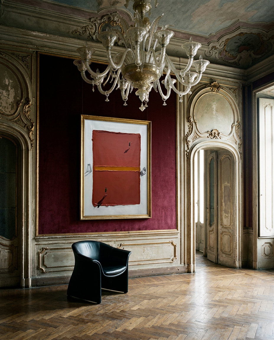 An abstract painting with a red and orange composition in a gold frame, displayed on a dark burgundy wall in an ornate classical room with a large crystal chandelier, a black leather armchair, and a herringbone wood floor.
