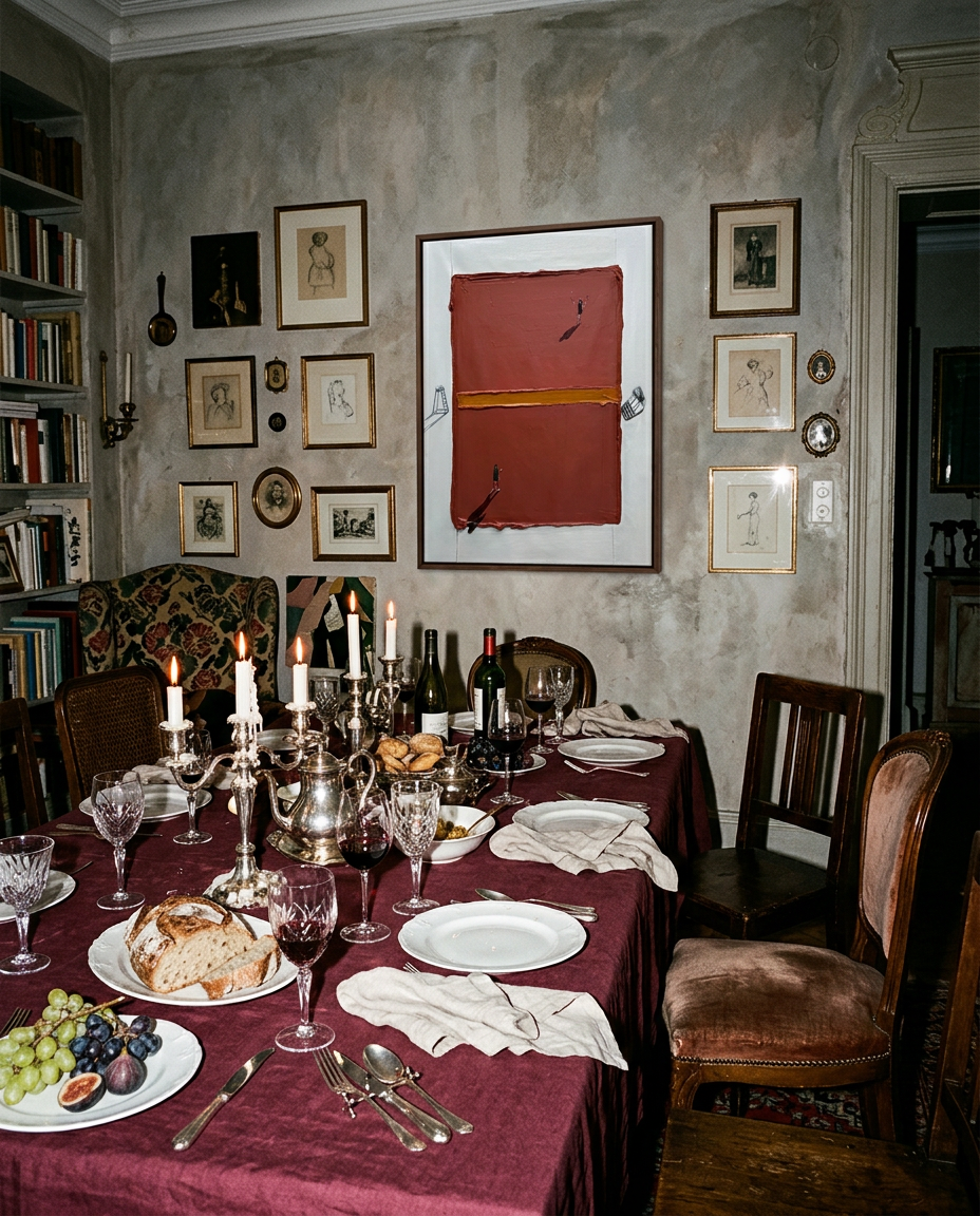 A styled dining room table set for a dinner party with a burgundy tablecloth, white plates, wine glasses, silverware, candles, and a teapot, surrounded by wooden chairs in a rustic room with a textured gray wall and framed art.