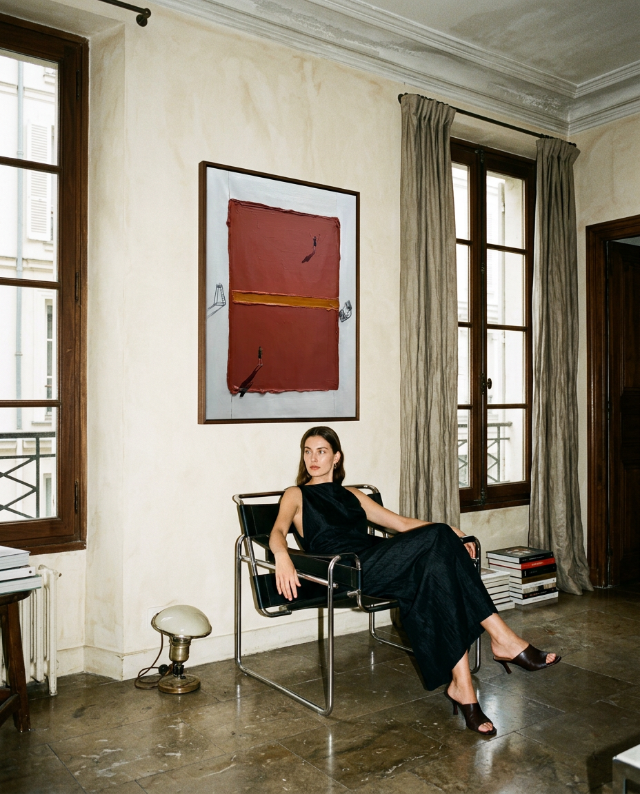 A woman in a black sleeveless dress sits in a black metal chair in a stylish room, with a large framed abstract painting on the wall behind her.