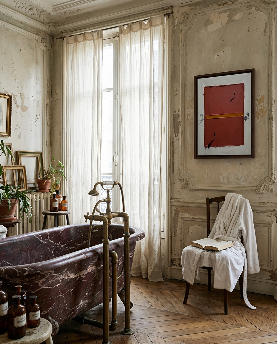 A vintage-style bathroom interior with a freestanding dark marble tub, sheer white curtains, a wooden chair with a white robe and open book, and a framed abstract red artwork on peeling beige walls.
