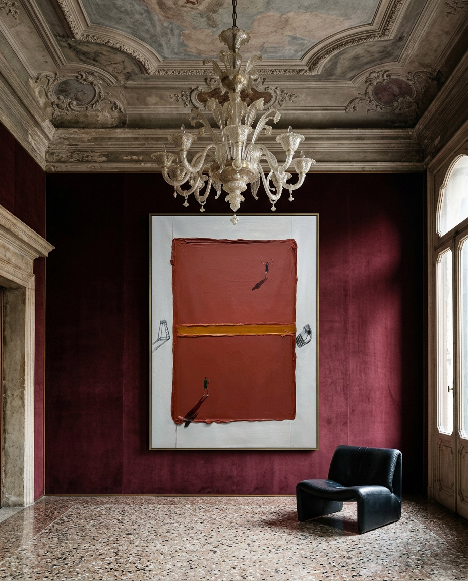 A large abstract painting with a terracotta red center, white border, and a thin yellow horizontal band, displayed on a deep burgundy wall in an ornate room with a chandelier, tiled floor, and black leather chair.