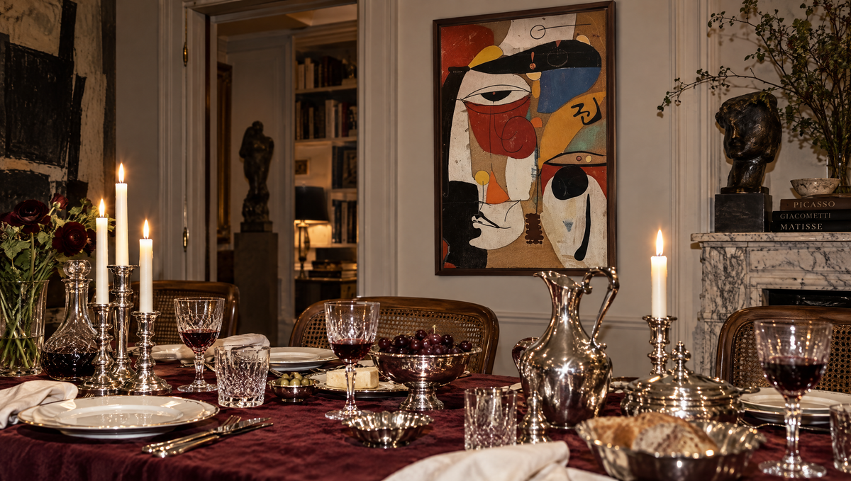 A styled dining table in a dimly lit room, featuring a burgundy tablecloth, silverware, wine glasses, lit taper candles, and a framed abstract painting hanging on the wall behind.