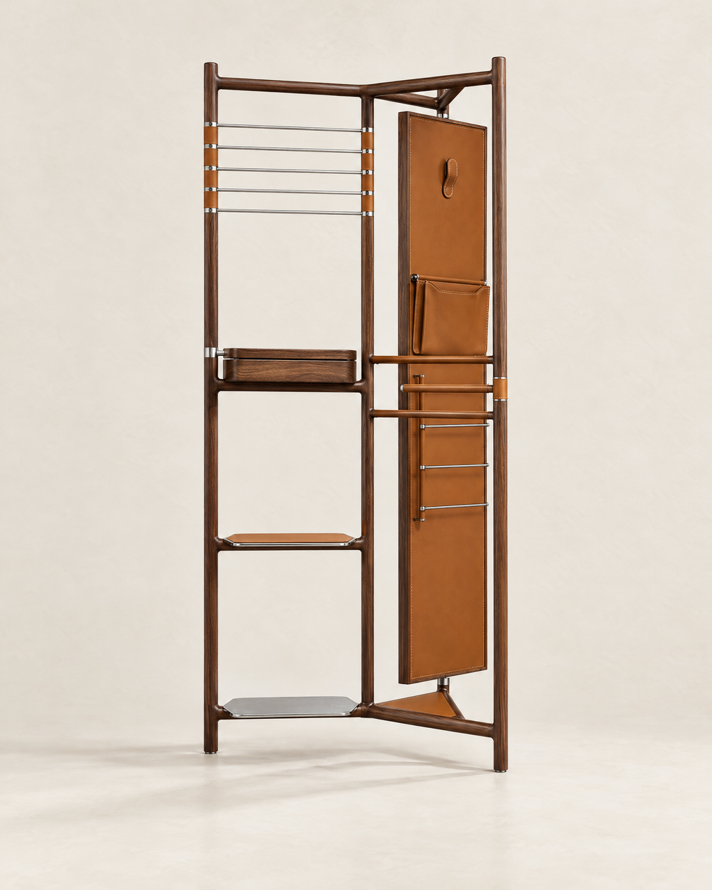 A mid-century modern corner coat rack with a dark brown wood frame and tan leather panels, shown against a neutral cream background.