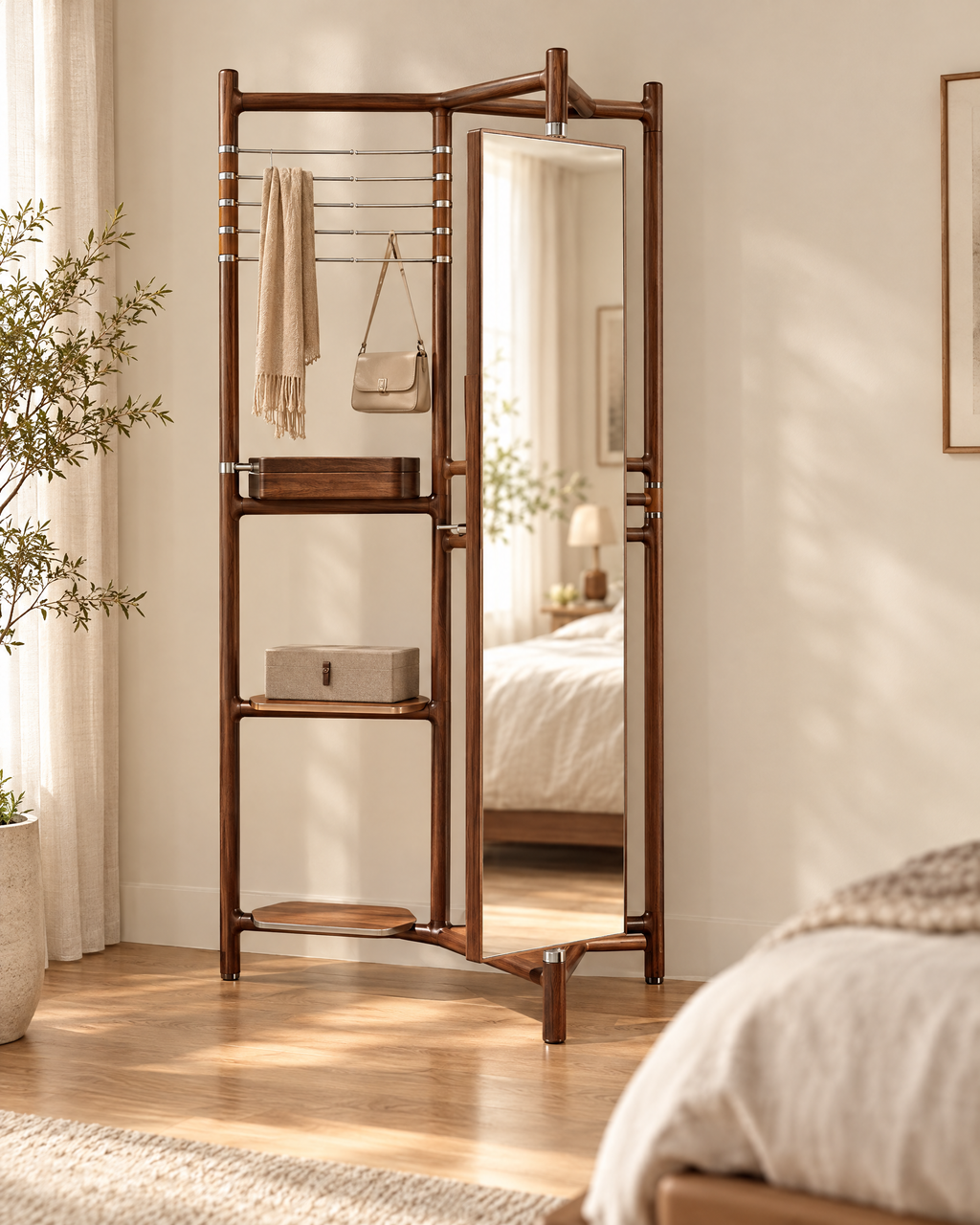 A tall freestanding wooden floor mirror with built-in shelves and hanging bars, styled in a warm, sunlit bedroom. The mirror reflects a bed in the background, and the product is shown in a real interior setting.