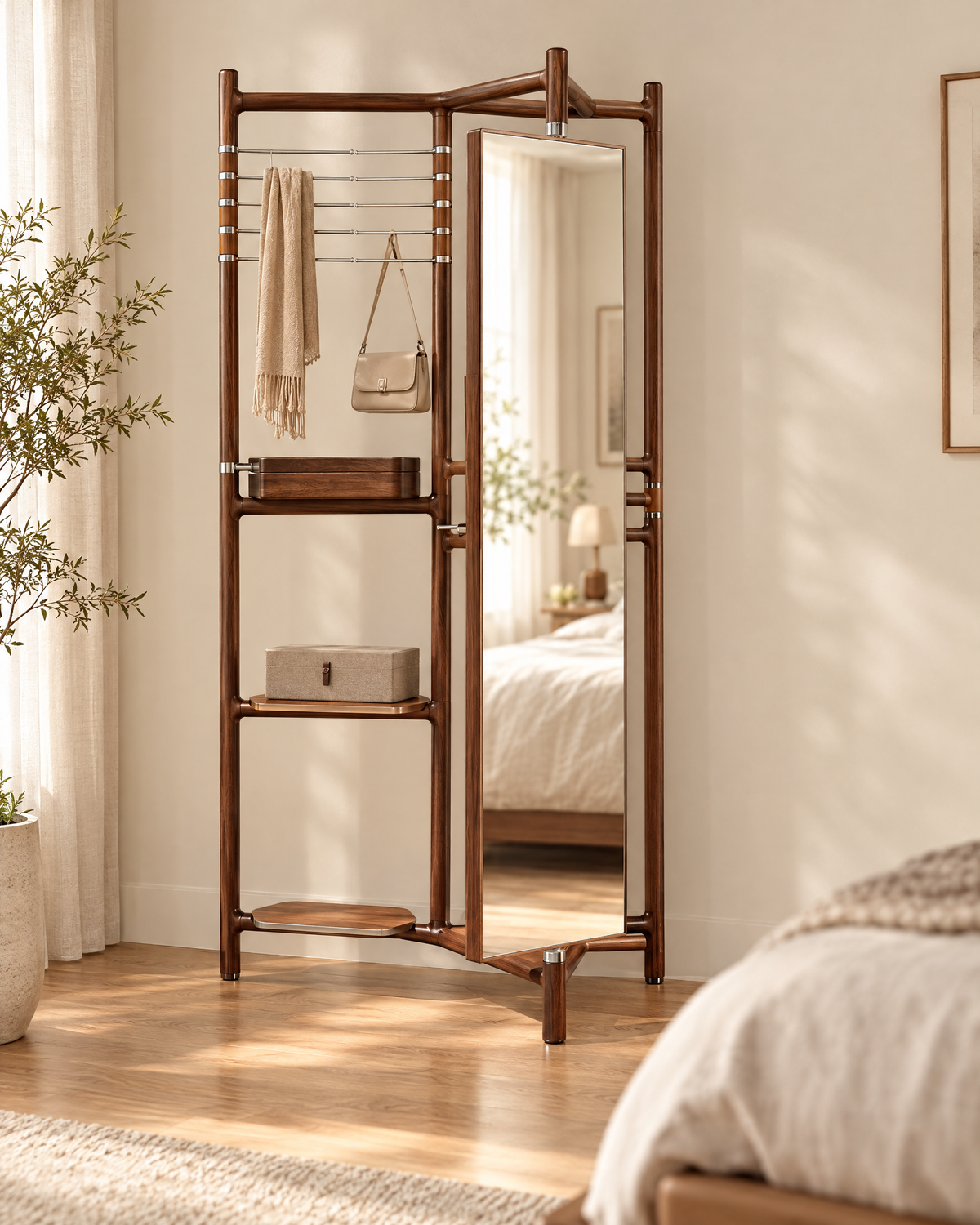 A tall freestanding wooden floor mirror with built-in shelves and hanging bars, styled in a warm, sunlit bedroom. The mirror reflects a bed in the background, and the product is shown in a real interior setting.