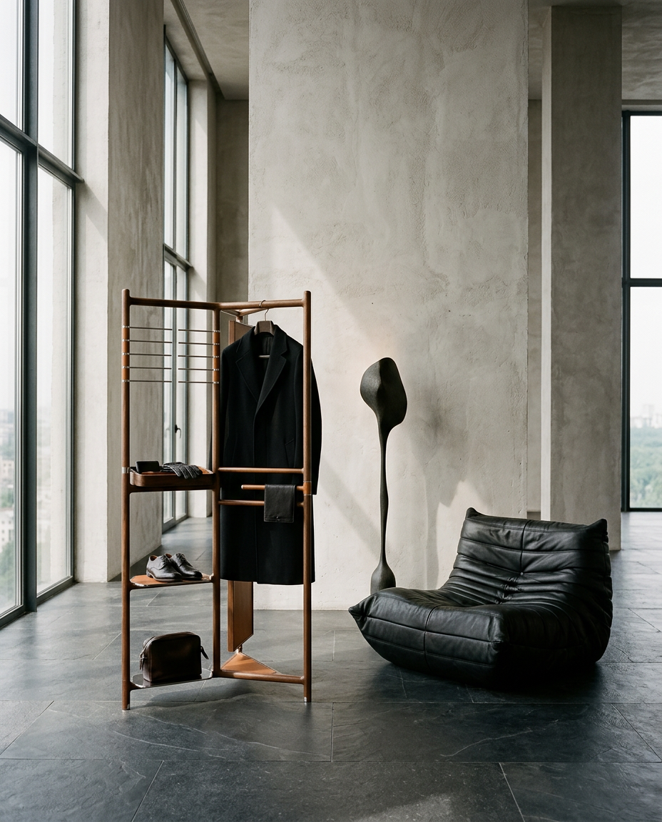 A modern interior scene with a black coat hanging on a tall wooden rack, a black leather lounge chair, a sculptural black floor lamp, and a small brown bag on a dark stone floor against a textured concrete wall and large windows.