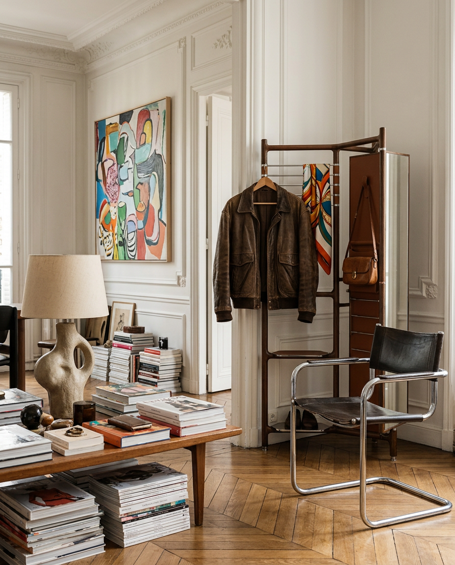 A styled interior room with a wooden floor, white paneled walls, a colorful abstract painting, a brown leather jacket hanging on a black clothing rack, a black leather and chrome chair, and stacks of books and magazines on a wooden table.
