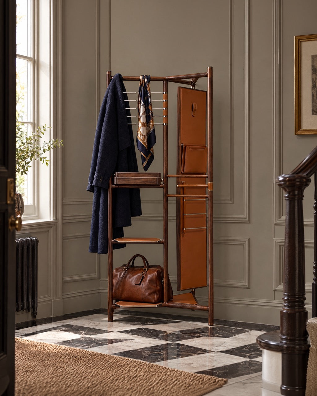 A tall wooden coat rack with a warm medium-brown finish stands in an elegant entryway. The rack features a hanging rod with a navy blue coat and a patterned neck scarf, a lower shelf holding a brown leather handbag, and a built-in cabinet door on the right side.