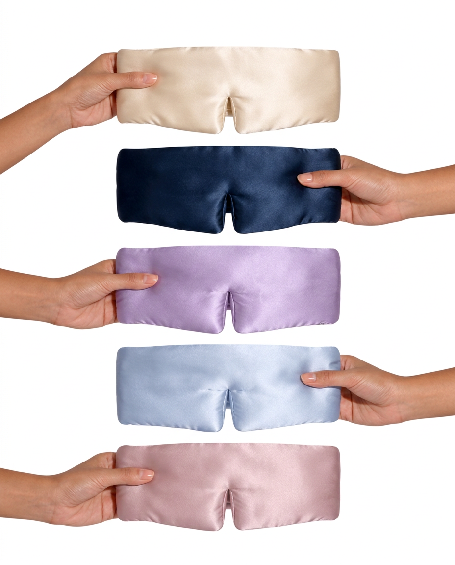 Five satin sleep masks in different pastel and neutral shades are held by hands against a plain white background, arranged vertically from cream to pink and navy.