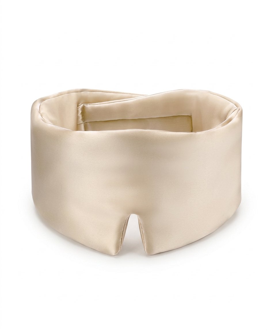 A cream-colored satin sleep mask with a wide padded band and a central split opening, photographed on a seamless white background.