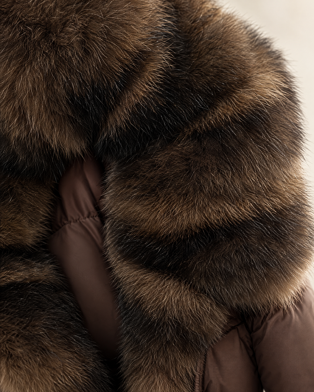 Close-up of a brown fur-trimmed puffer jacket, showing the rich texture of the faux fur collar and the smooth brown padded body.
