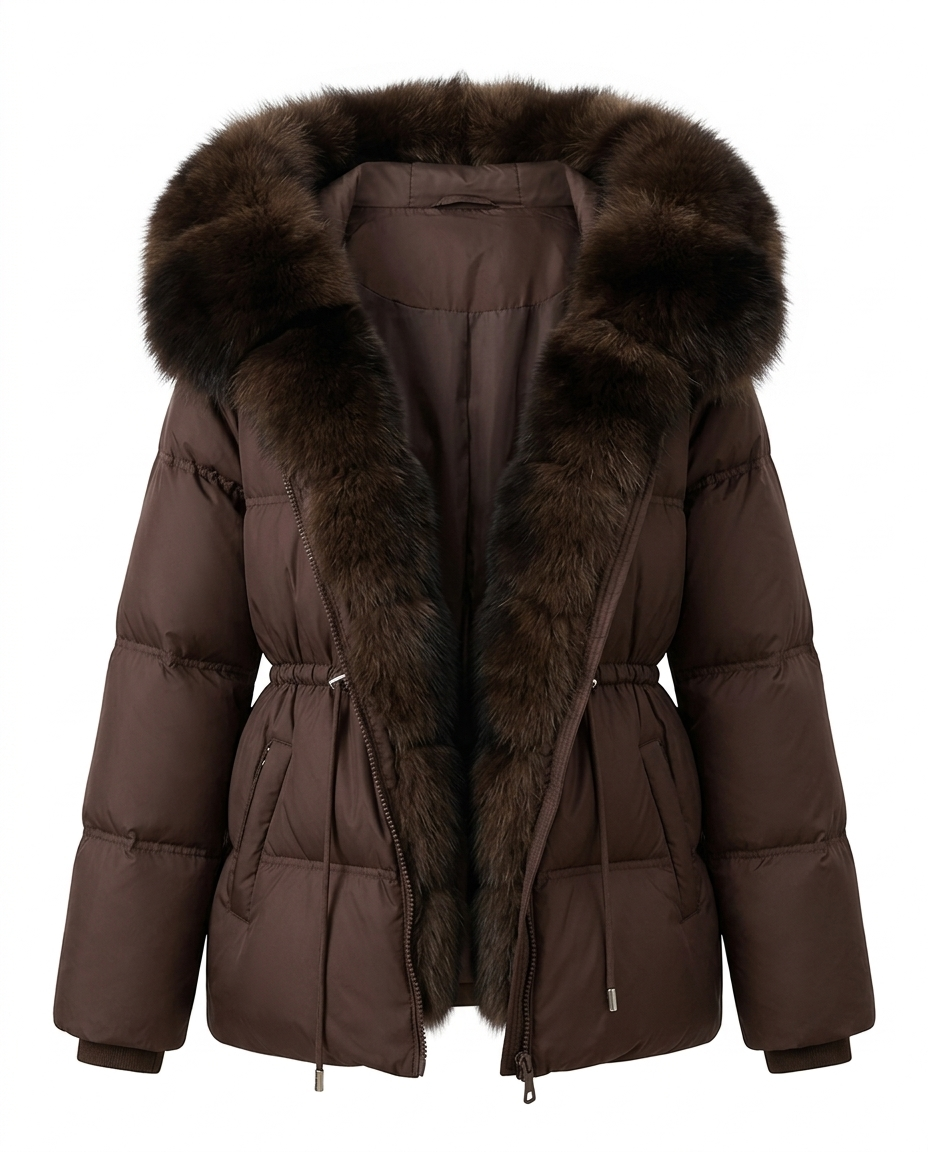 A dark brown puffer jacket with a large, luxurious dark brown fur-trimmed hood, shown against a plain white background.