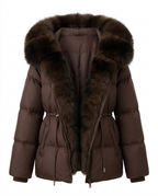 A dark brown puffer jacket with a large, luxurious dark brown fur-trimmed hood, shown against a plain white background.