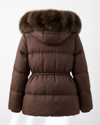 A brown puffer jacket with a thick brown fur-trimmed hood, shown from the back against a light gray studio background.