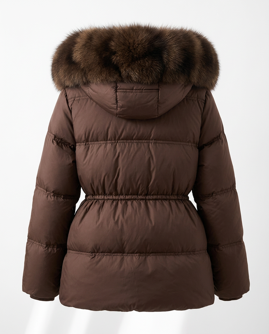 A brown puffer jacket with a thick brown fur-trimmed hood, shown from the back against a light gray studio background.