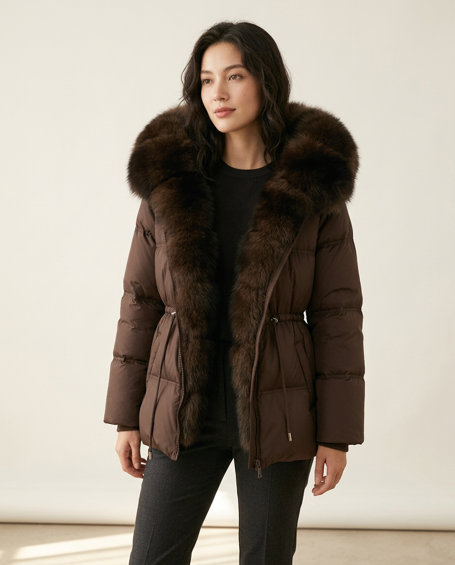 A woman wearing a dark brown puffer jacket with a large dark brown fur-trimmed collar, styled with a black top and black pants against a plain off-white studio background.