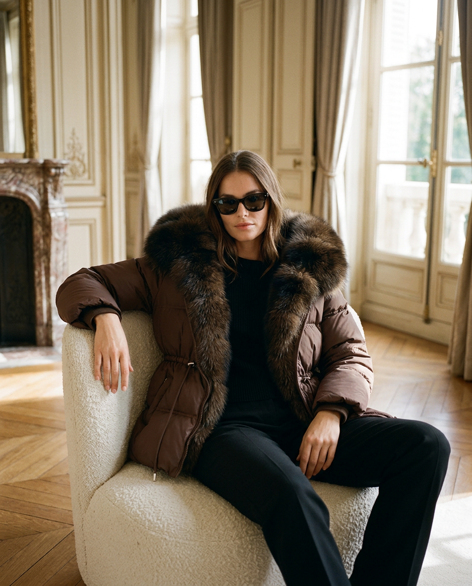 A woman wearing a brown puffer jacket with a large dark fur collar sits in a cream boucle armchair in an elegant room with wood floors and tall windows.
