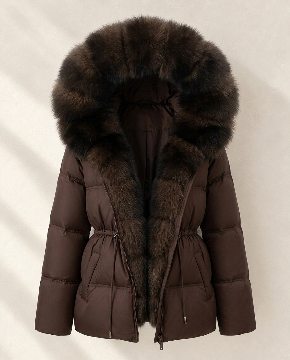 A dark brown puffer jacket with a large, luxurious dark brown fur-trimmed hood, shown against a neutral light beige background with soft shadow overlays.