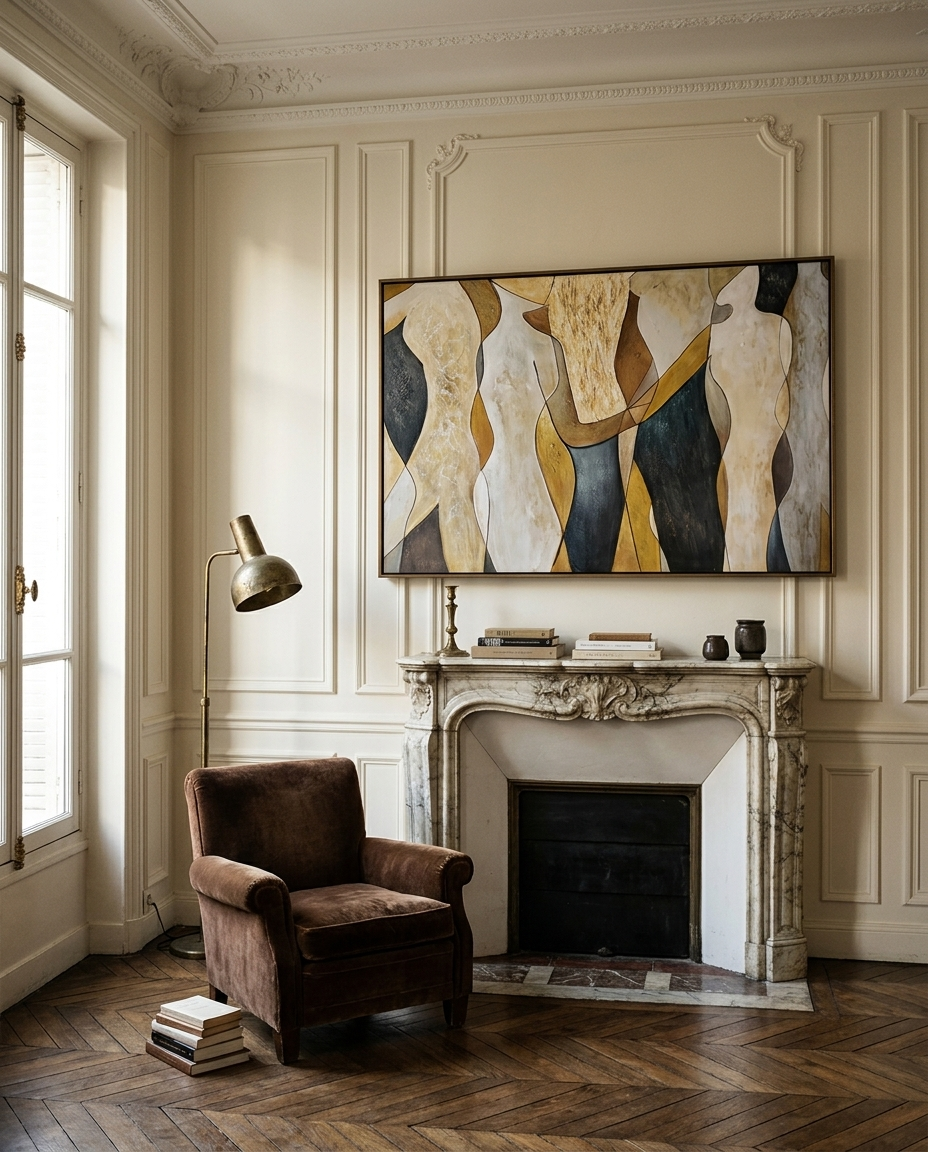 A large framed abstract painting with cream, gold, black, and gray shapes hangs above a white fireplace mantel in a classic room with cream paneled walls, a brown armchair, and a floor lamp.
