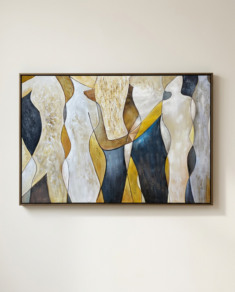 A framed abstract wall art print featuring stylized human silhouettes in cream, beige, mustard yellow, and dark navy tones, hung on a light beige wall.
