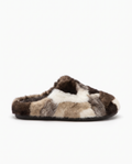 A single plush slipper in a patchwork faux fur pattern of brown, beige, and cream, shown from a side profile against a plain white background.