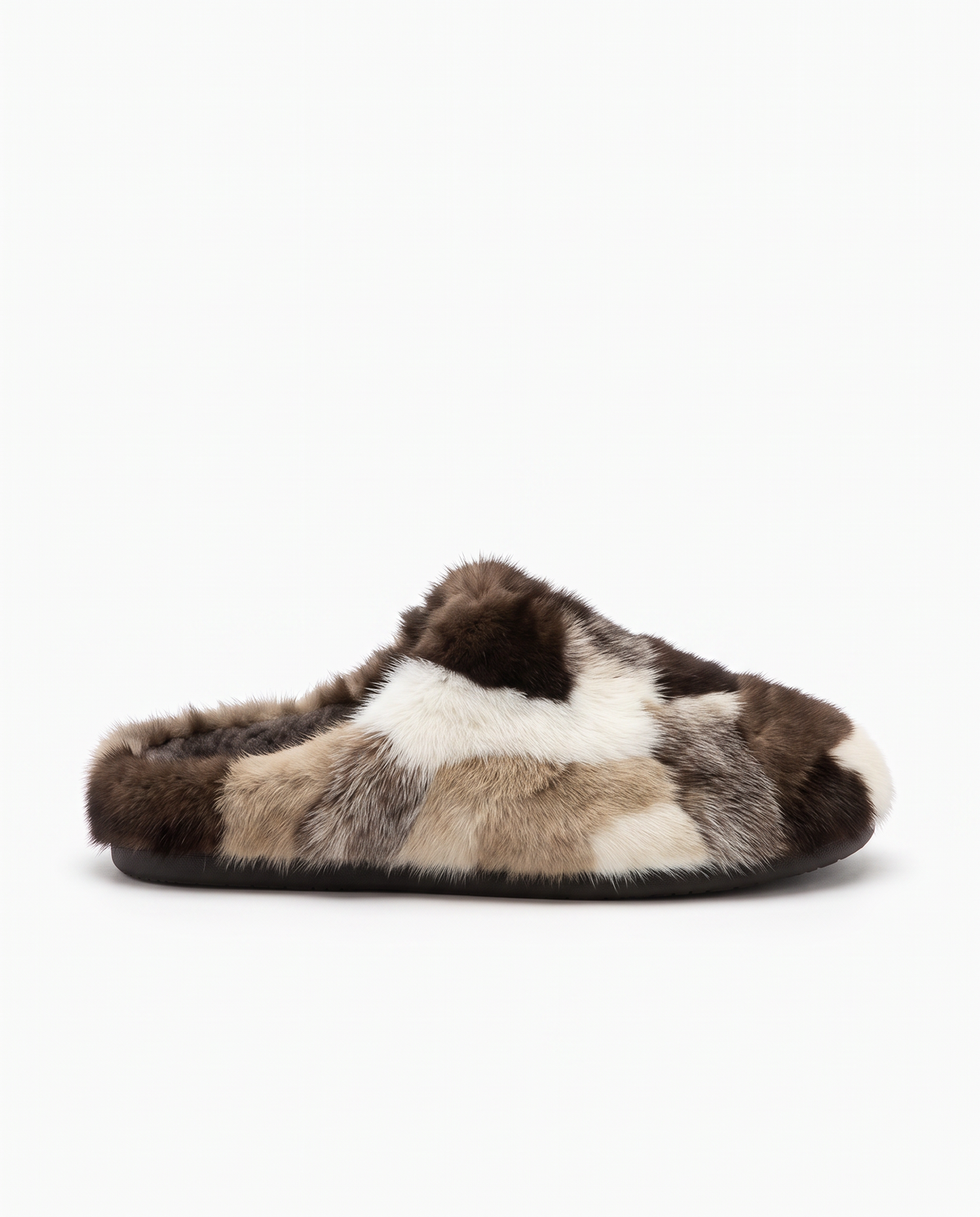 A single plush slipper in a patchwork faux fur pattern of brown, beige, and cream, shown from a side profile against a plain white background.