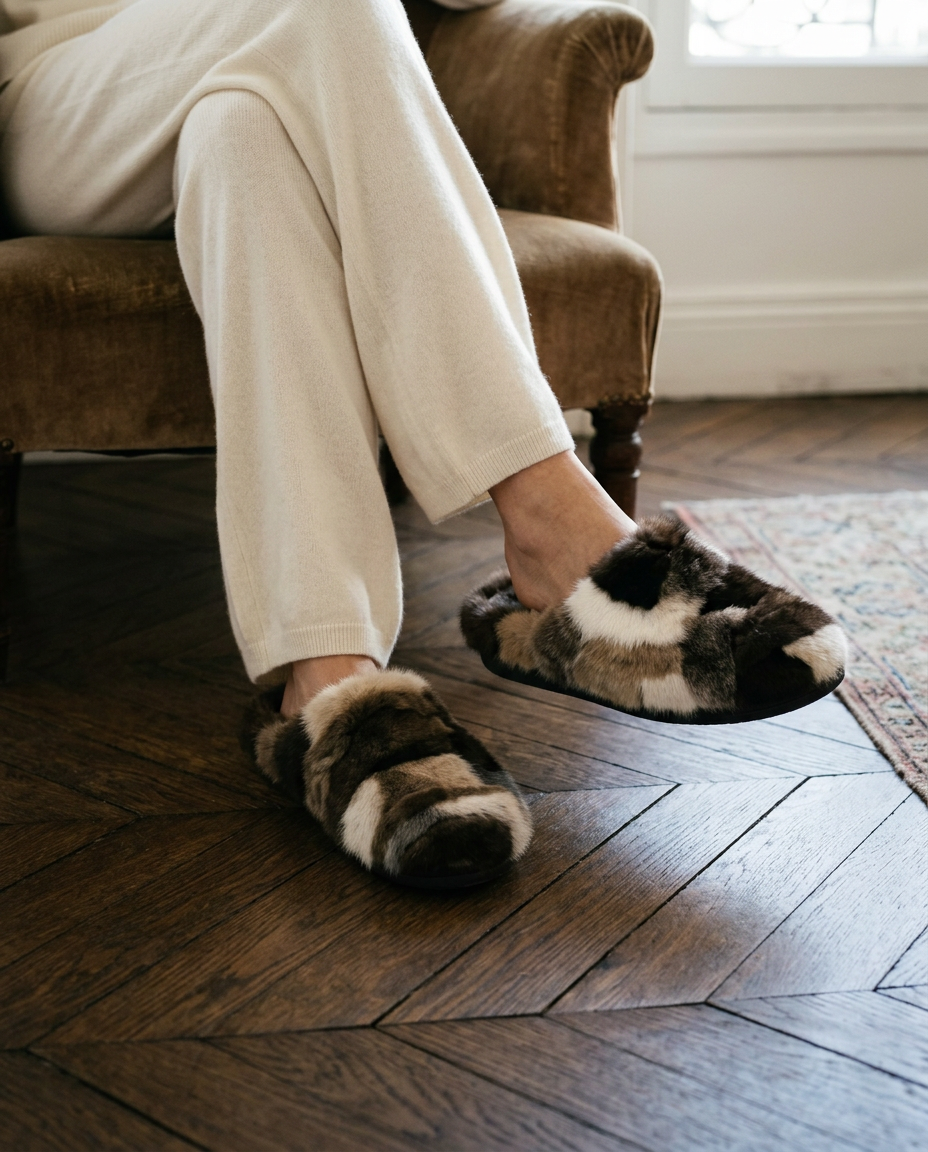 A person seated in a brown armchair wearing plush patchwork slippers in brown, cream, black, and white, standing on a dark wood herringbone floor.