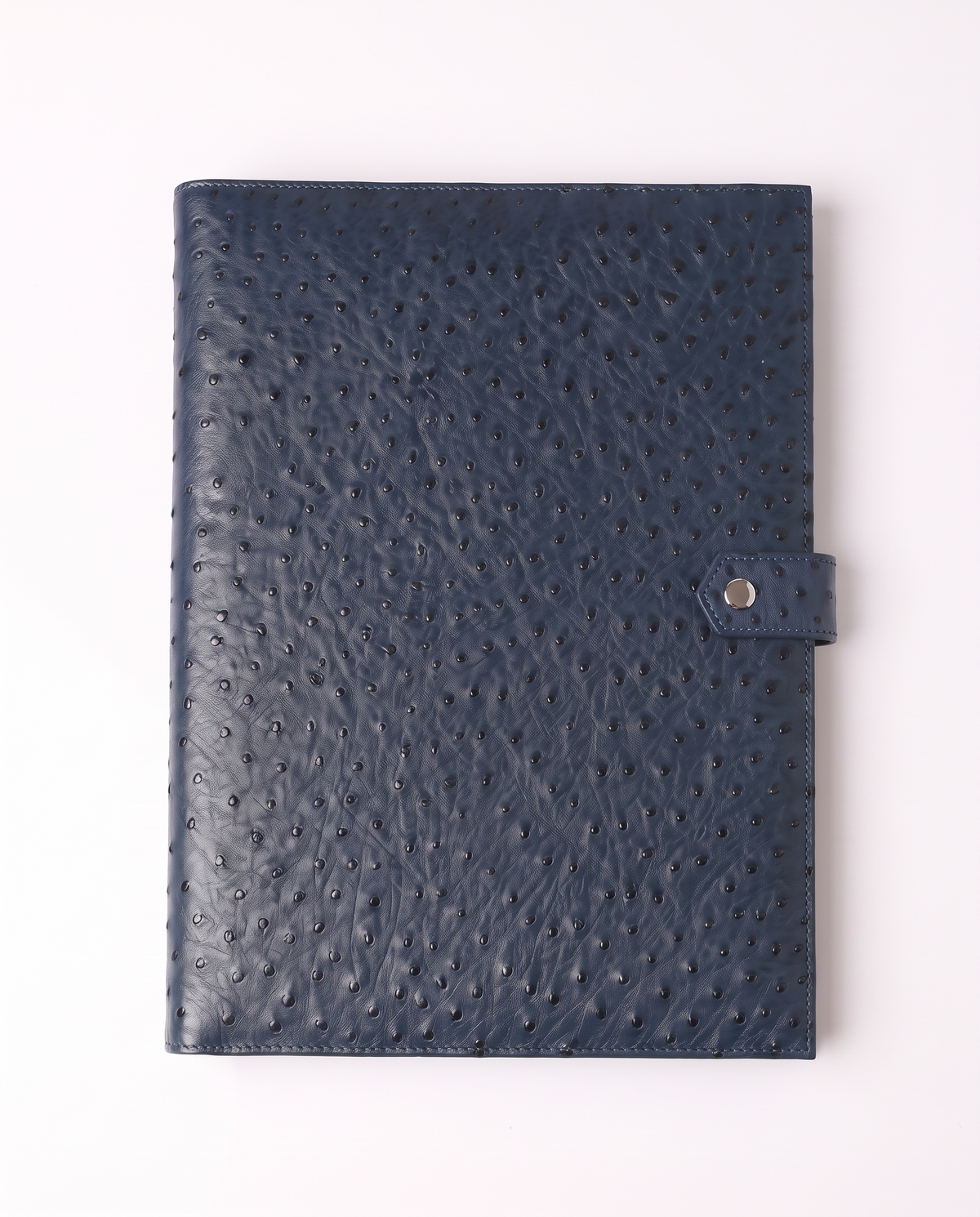 A dark navy blue ostrich-embossed leather planner cover with a side strap and silver snap button, shown flat on a white background.