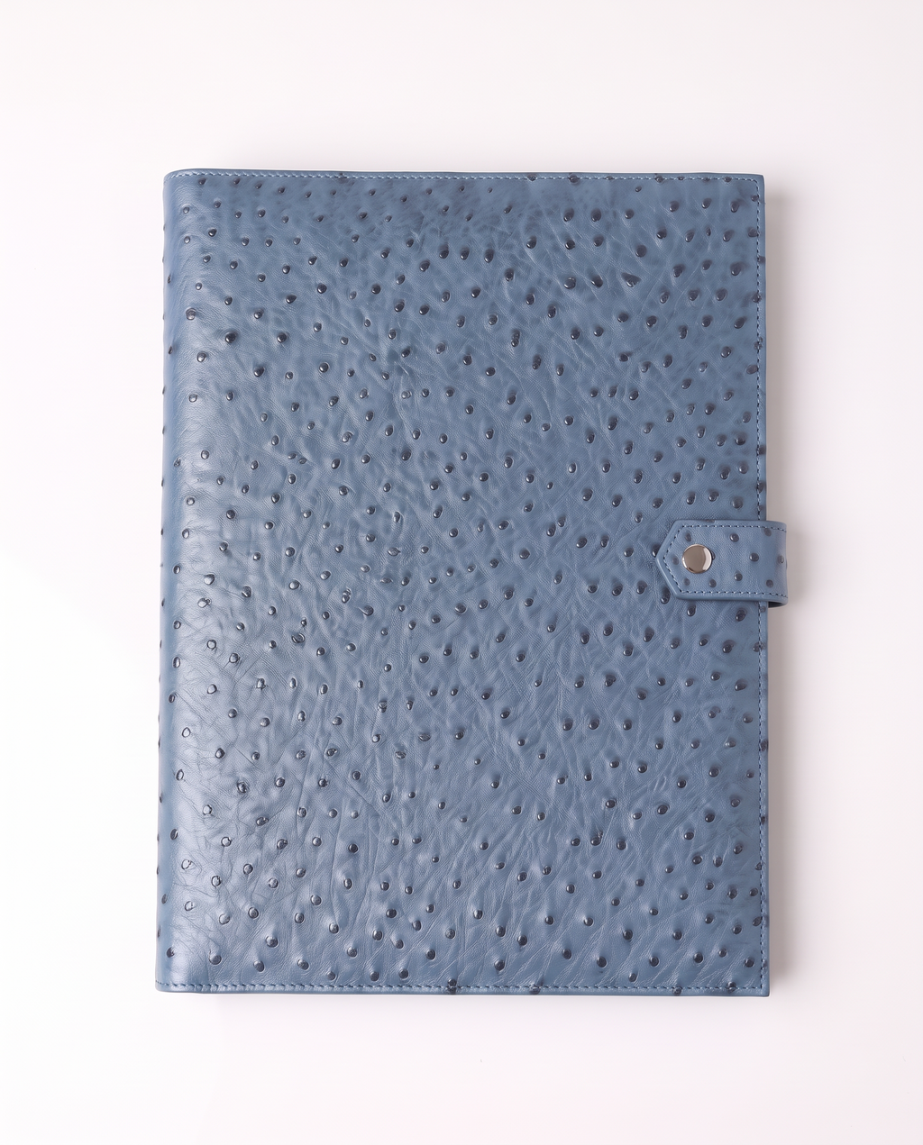 A blue ostrich-textured leather planner cover with a snap-button strap closure, photographed flat against a clean white background.