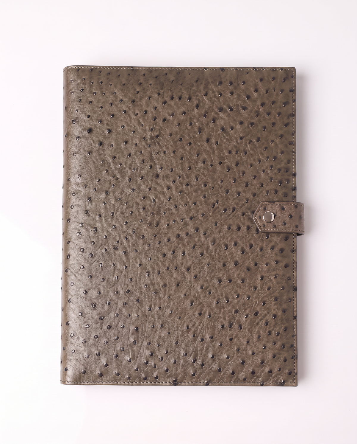 A textured ostrich leather planner cover in a taupe-gray color, featuring a small side tab with a silver metal snap button, photographed flat on a white background.