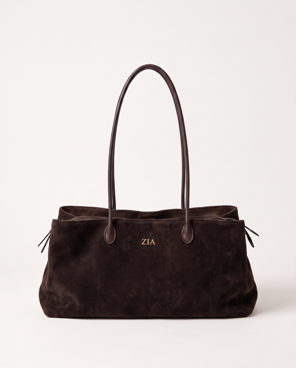 The Marais Tote in Dark Coffee suede, personalised with the initials ZIA embossed in gold