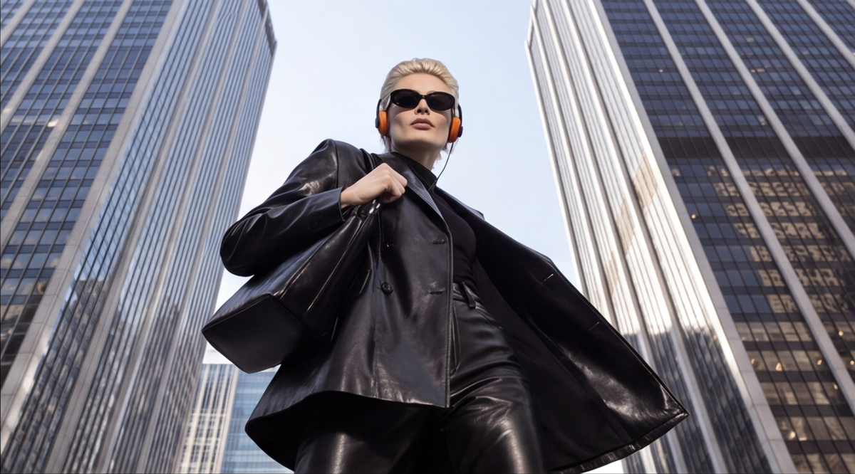 A woman in a black leather blazer and matching pants walking between tall glass skyscrapers, wearing orange over-ear headphones and black sunglasses.