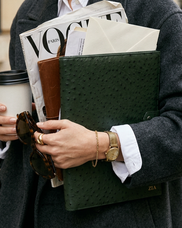 A person in a dark gray coat carries a stack of papers and a dark green ostrich-embossed folder in one hand, while holding a coffee cup and sunglasses with the other. A white shirt and gold watch are visible, with a city street and stone building in the background.