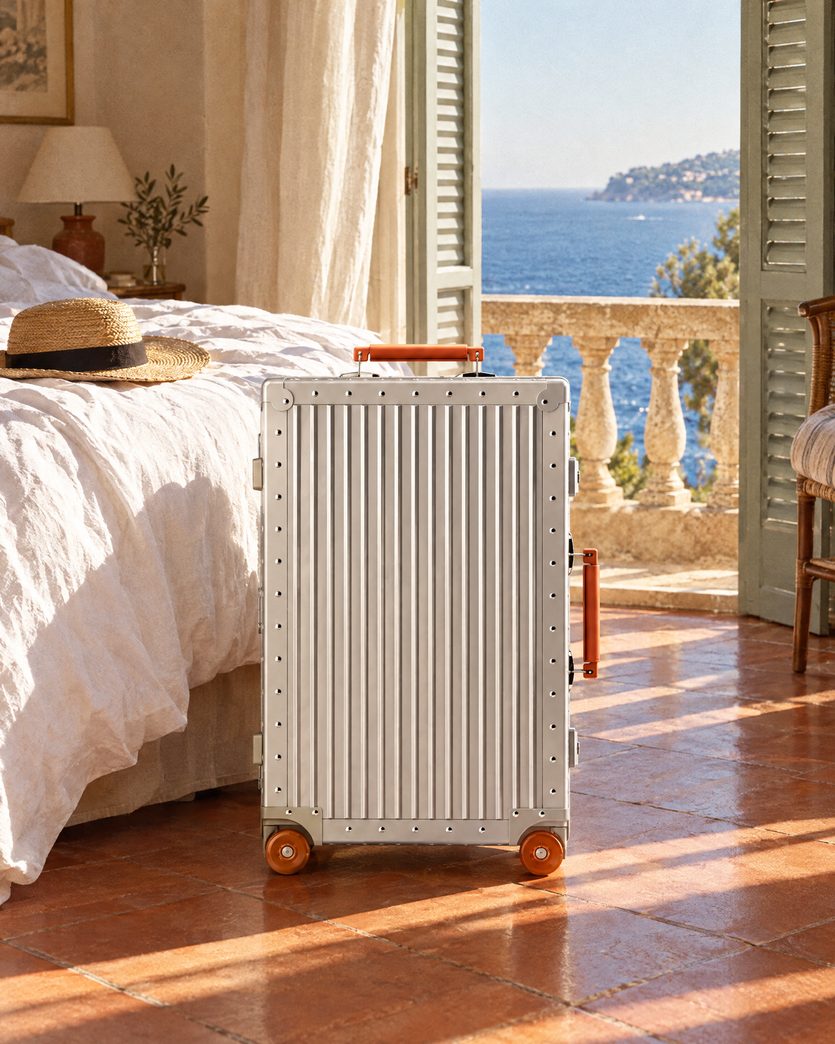 The Meridian Suitcase in silver with orange in a Riviera hotel room