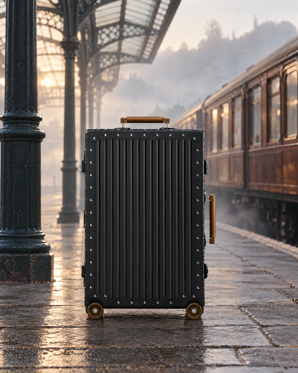 The Meridian Suitcase in black with brown on a railway platform