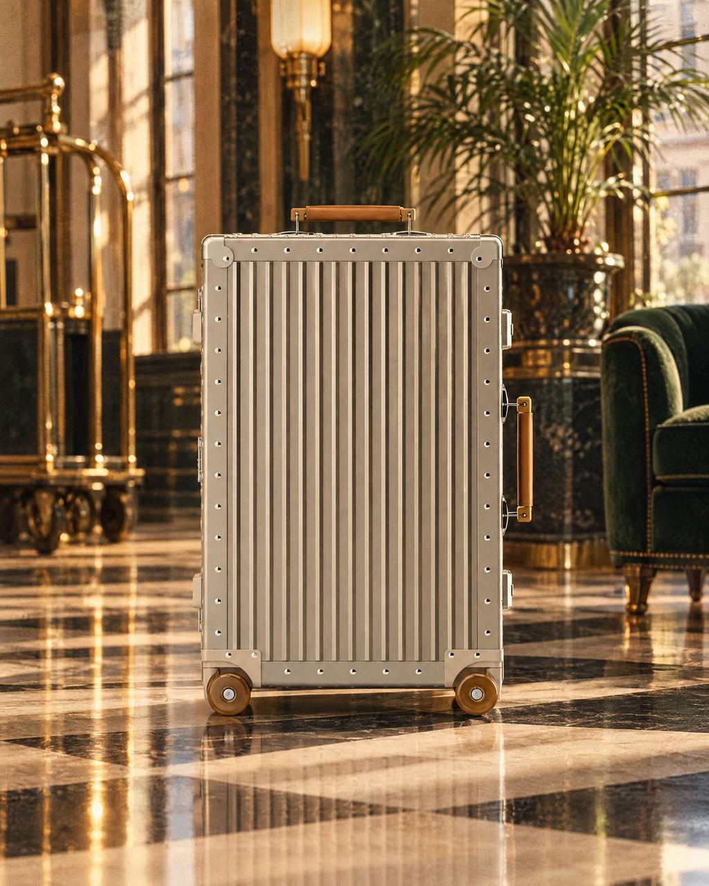 The Meridian Suitcase in a grand hotel lobby