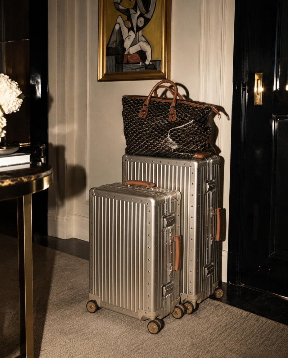 Two silver ribbed hard-shell suitcases with brown leather handles and a black monogram tote bag with brown leather handles, styled on a carpeted floor in an elegant interior setting.
