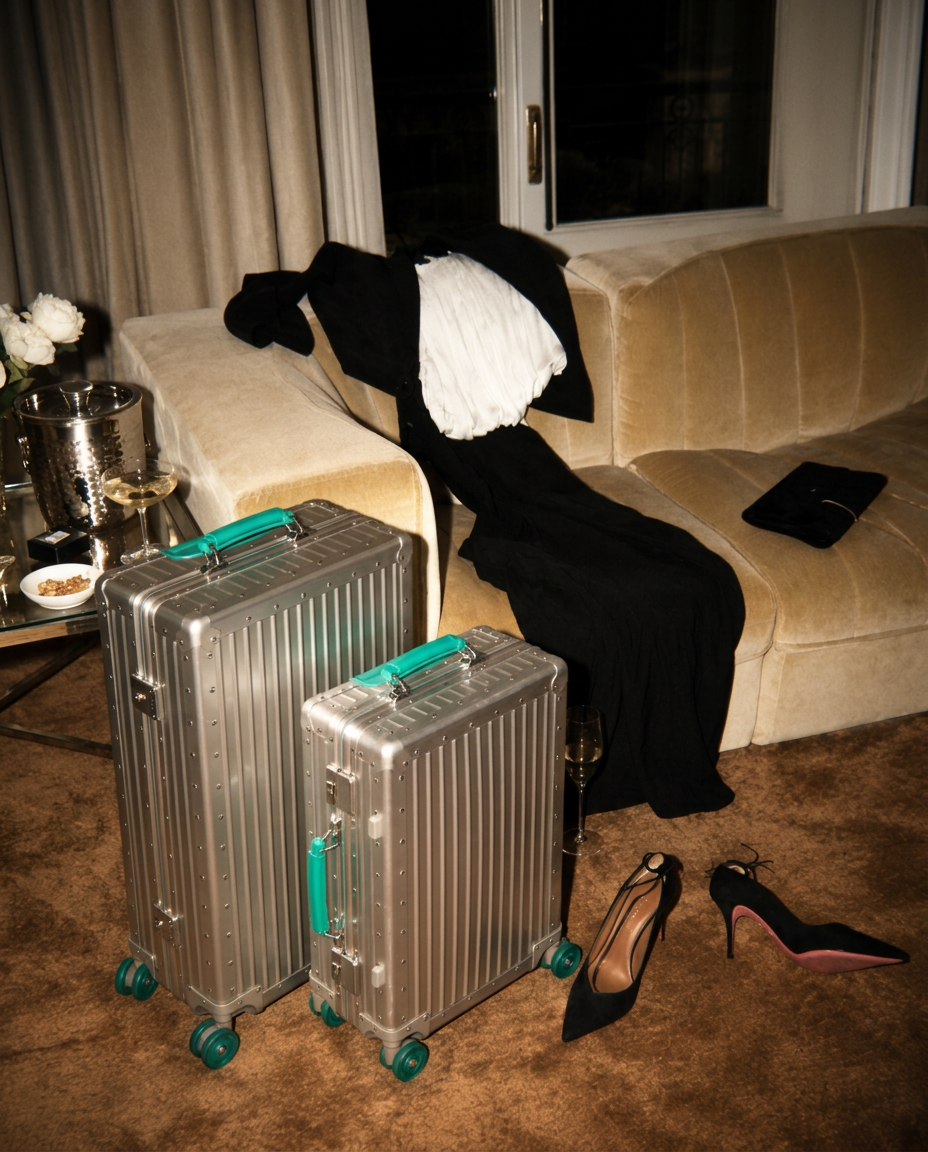 Two silver hard-shell suitcases with turquoise handles and wheels are placed on a brown carpet in a living room setting, with a beige sofa, black clothing, and black heels nearby.