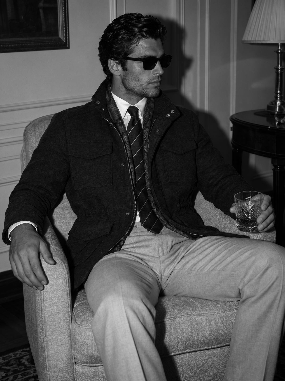 A man wearing a dark jacket, striped tie, and light trousers sits in an armchair holding a glass, photographed in a dimly lit indoor setting.