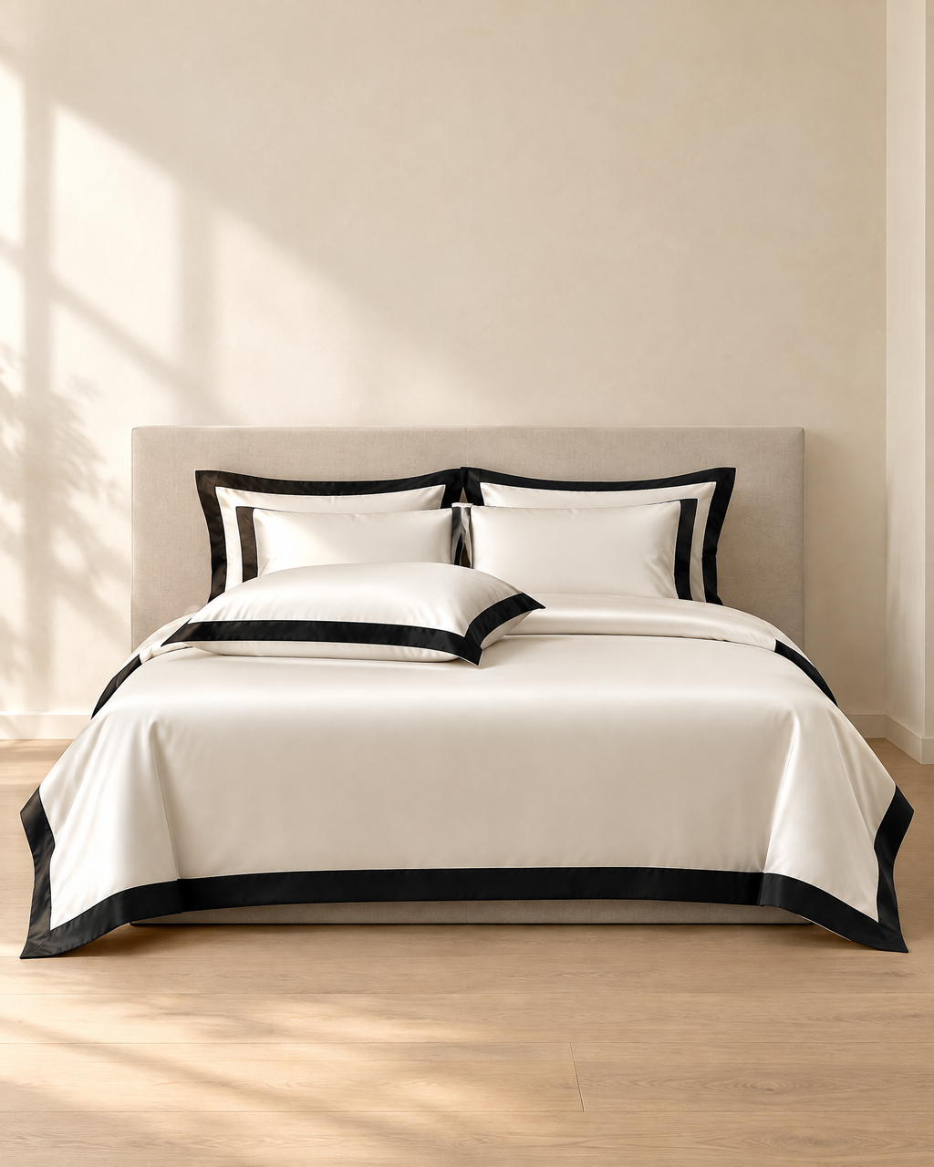 A neatly made bed in a minimalist bedroom setting, featuring white bedding with black border trim, including a duvet cover, two pillowcases, and matching shams, set against a beige upholstered headboard and light wood flooring.