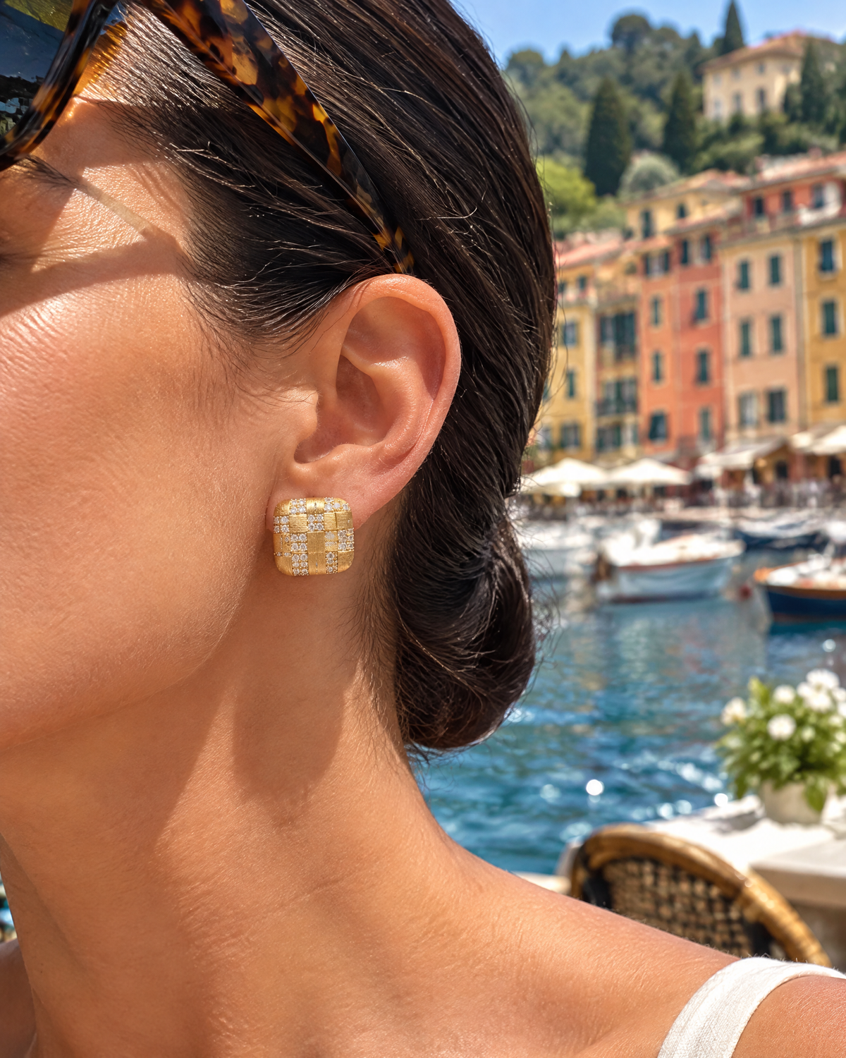 The Portofino Earrings in Checkerboard, worn in Portofino