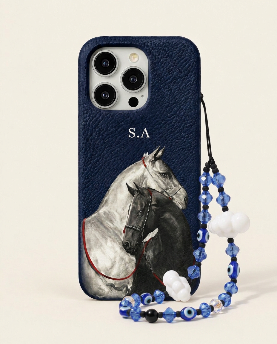 A dark navy blue textured phone case featuring an artistic print of a white and black horse, with the initials 'S.A' printed in white.