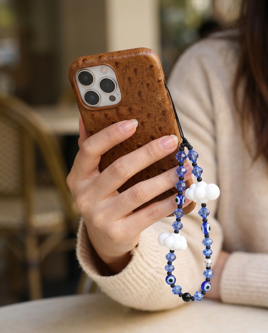 A person holds a brown textured phone case with a blue beaded wrist strap featuring evil eye and cloud charms, in a softly blurred indoor setting.