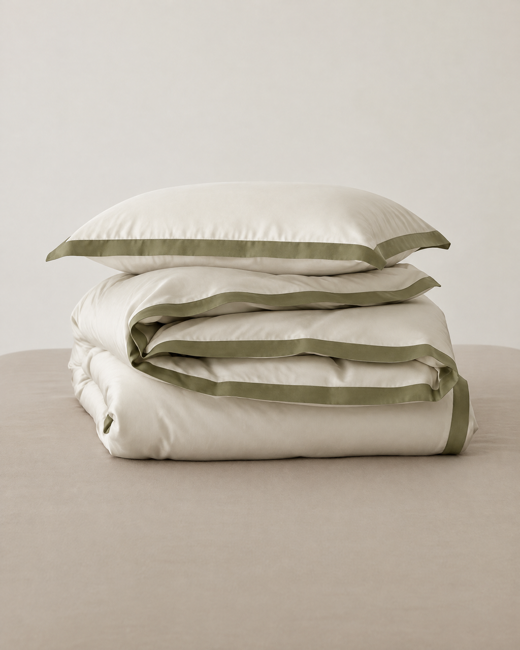 The Lyon Silk Bedding Set in ivory with olive border, folded