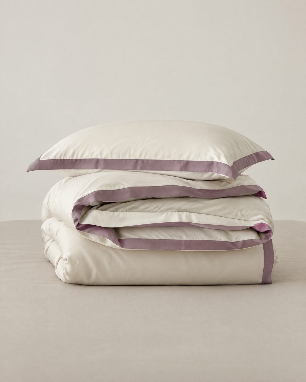 The Lyon Silk Bedding Set in cream with mauve border, folded