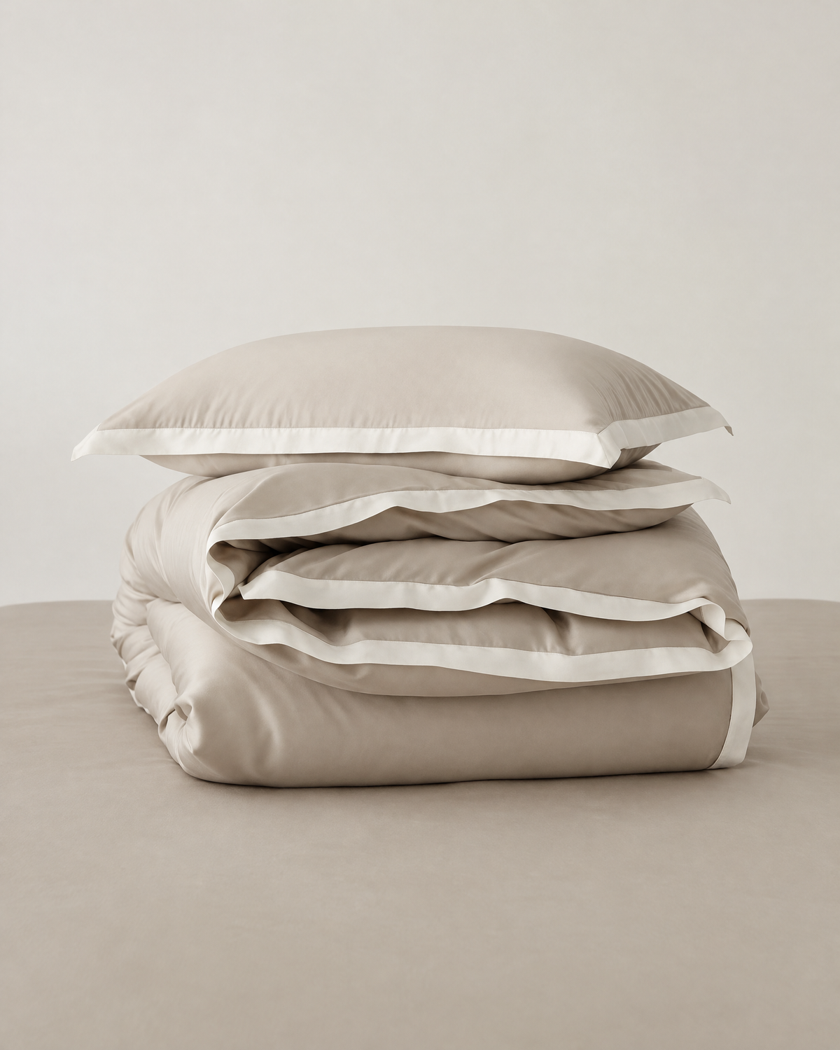 The Lyon Silk Bedding Set in oyster with ivory border, folded